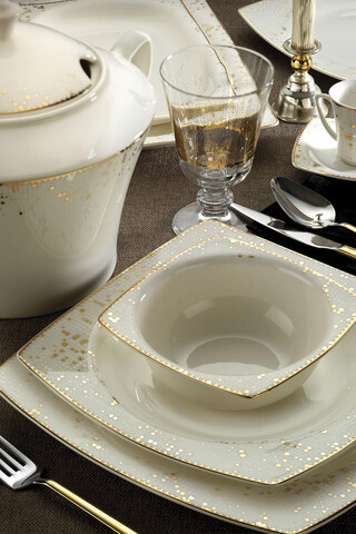 Set de cină (68 bucăți), Kütahya Porselen, 710KTP3112, Portelan, Farfurie adâncă: 23 x 23 x 4 cm (12 bucăți), Aur/Alb