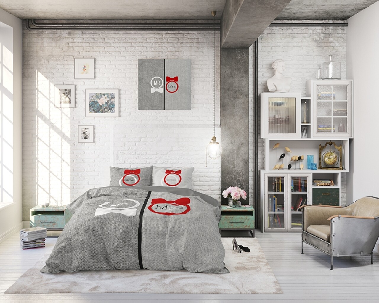 Lenjerie De Pat Dubla Mr. And Mrs. Trendy Grey, Dreamhouse, 3 Piese, 100% Bumbac, Gri/rosu/negru