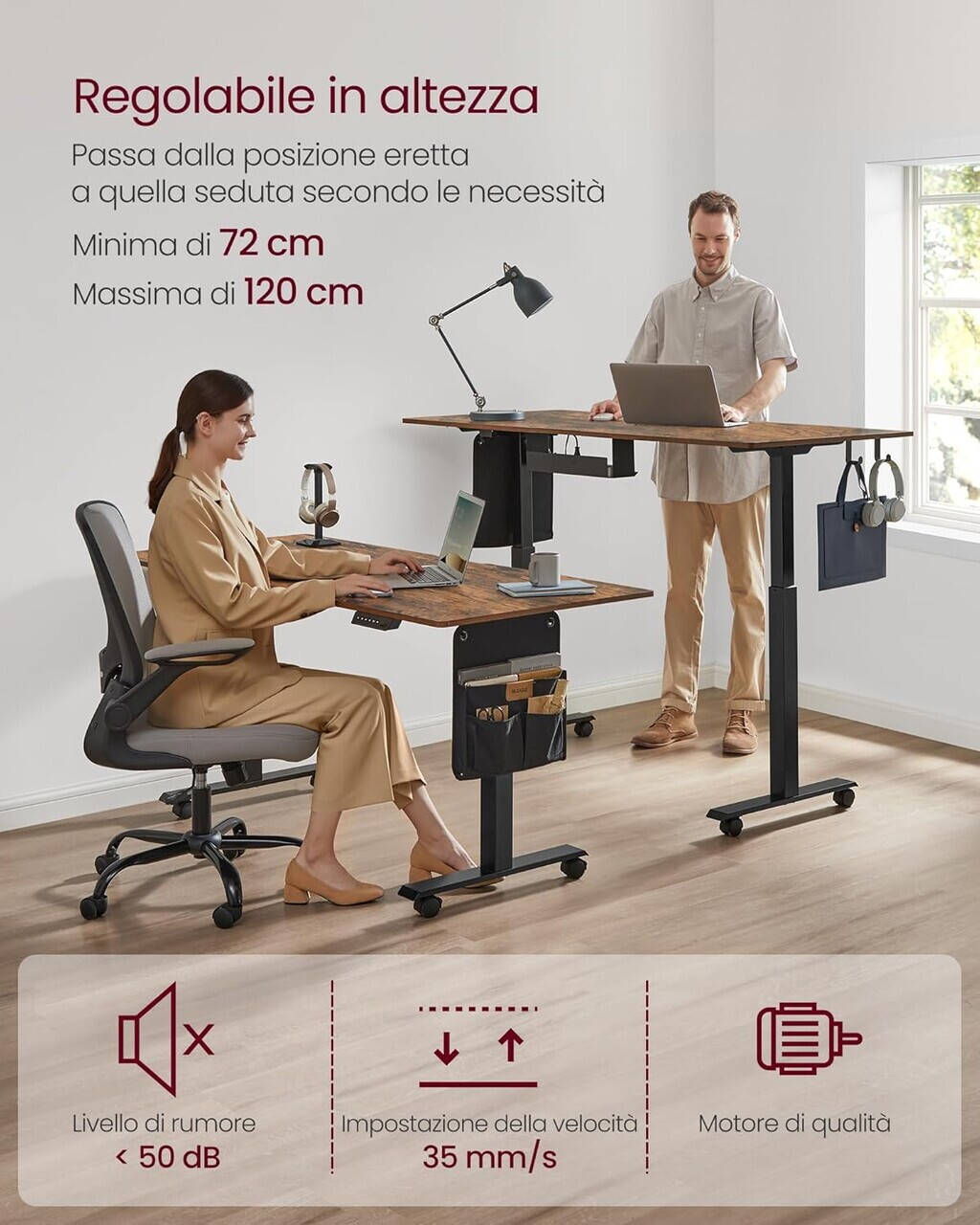 Birou electric reglabil pe inaltime, Vasagle, 140x60x72-120 cm, tesatura Oxford/PAL/otel, maro - imagine 7