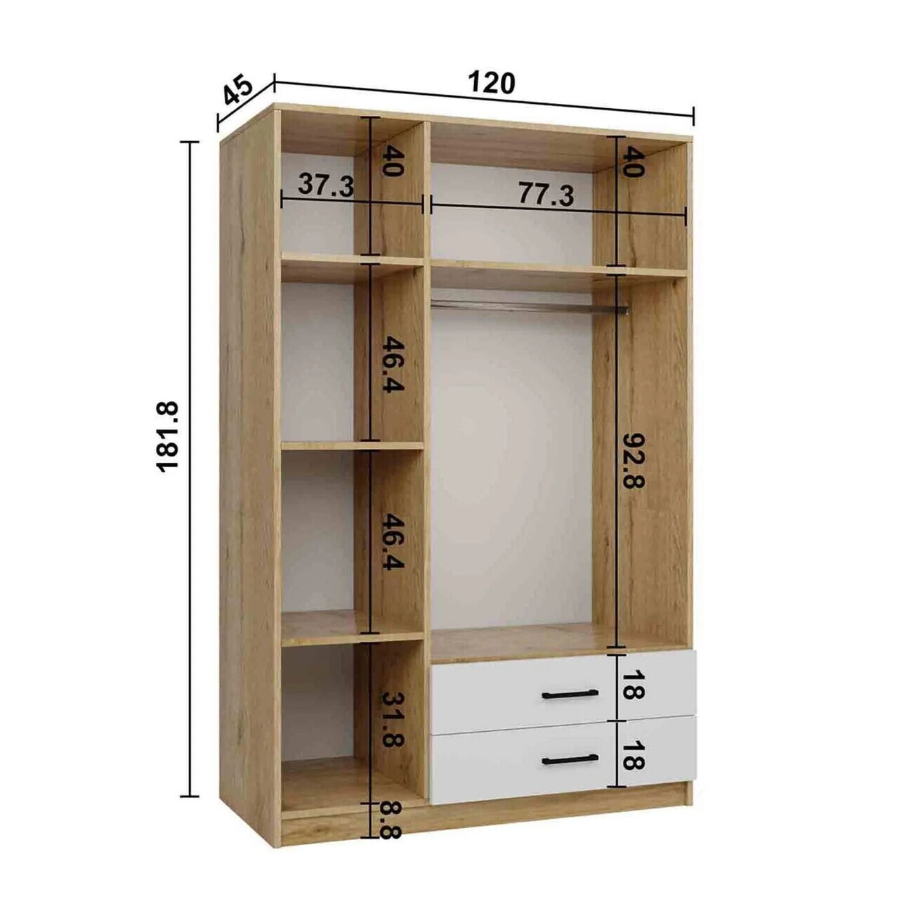 Dulap pentru haine, Hanah Home, Yaman 1600-209, 120x181x45 cm, PAL, Nuc/Alb — imaginea 7