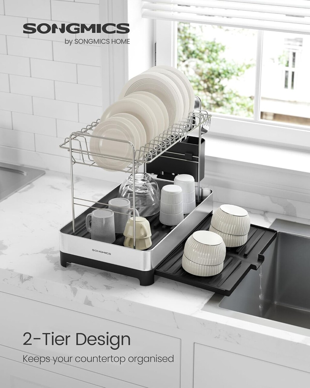 Scurgator pentru vase cu 2 niveluri Vasagle, 25-44x40x33.4 cm, max 22 kg, inox/plastic, argintiu/negru