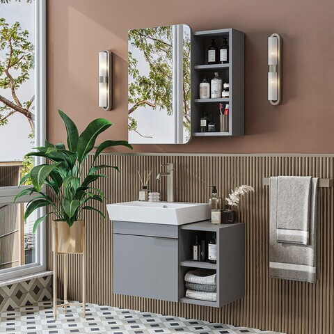 Set Dulap de Baie cu Chiuvetă și Oglindă (2 Piese), Hanah Home, 2929, MDF, Frasin