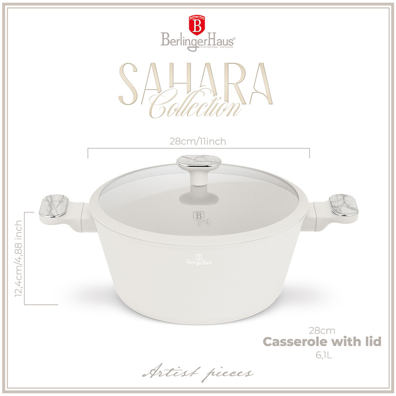 Oala cu capac Berlinger Haus, Sahara Marble, 28 cm, 6.3 L, aluminiu forjat, crem mat/marmura - imagine 4