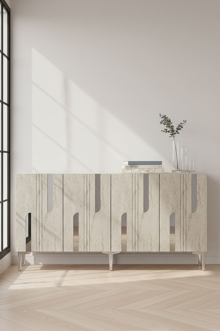 Consola, Hanah Home, Nota 150, 150x75x32 cm, White / Travertine / Silver — imaginea 3