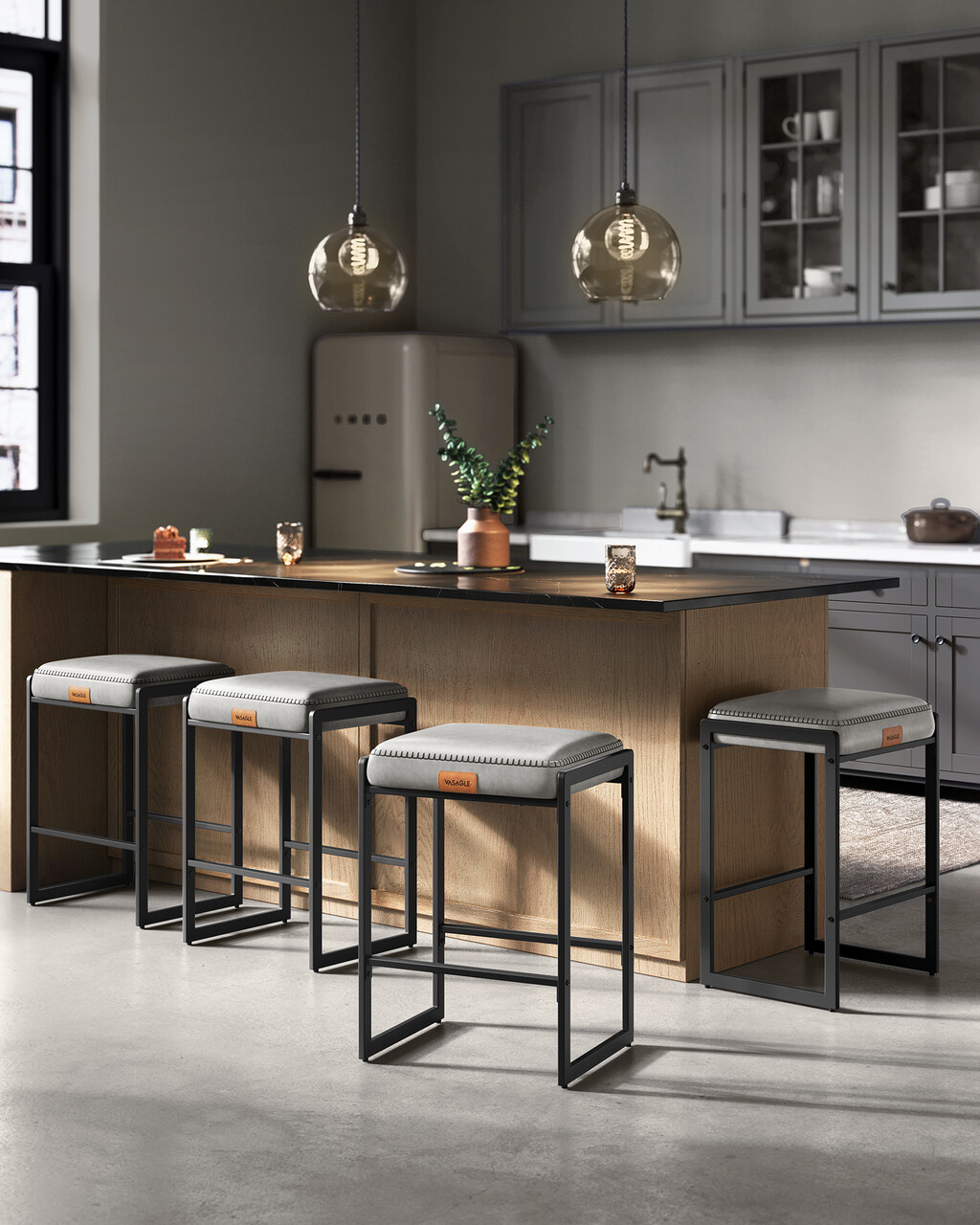 Set 2 scaune de bar, Vasagle, Ekho, 45x38x66 cm, otel/piele ecologica, gri dove - 1 | YEO