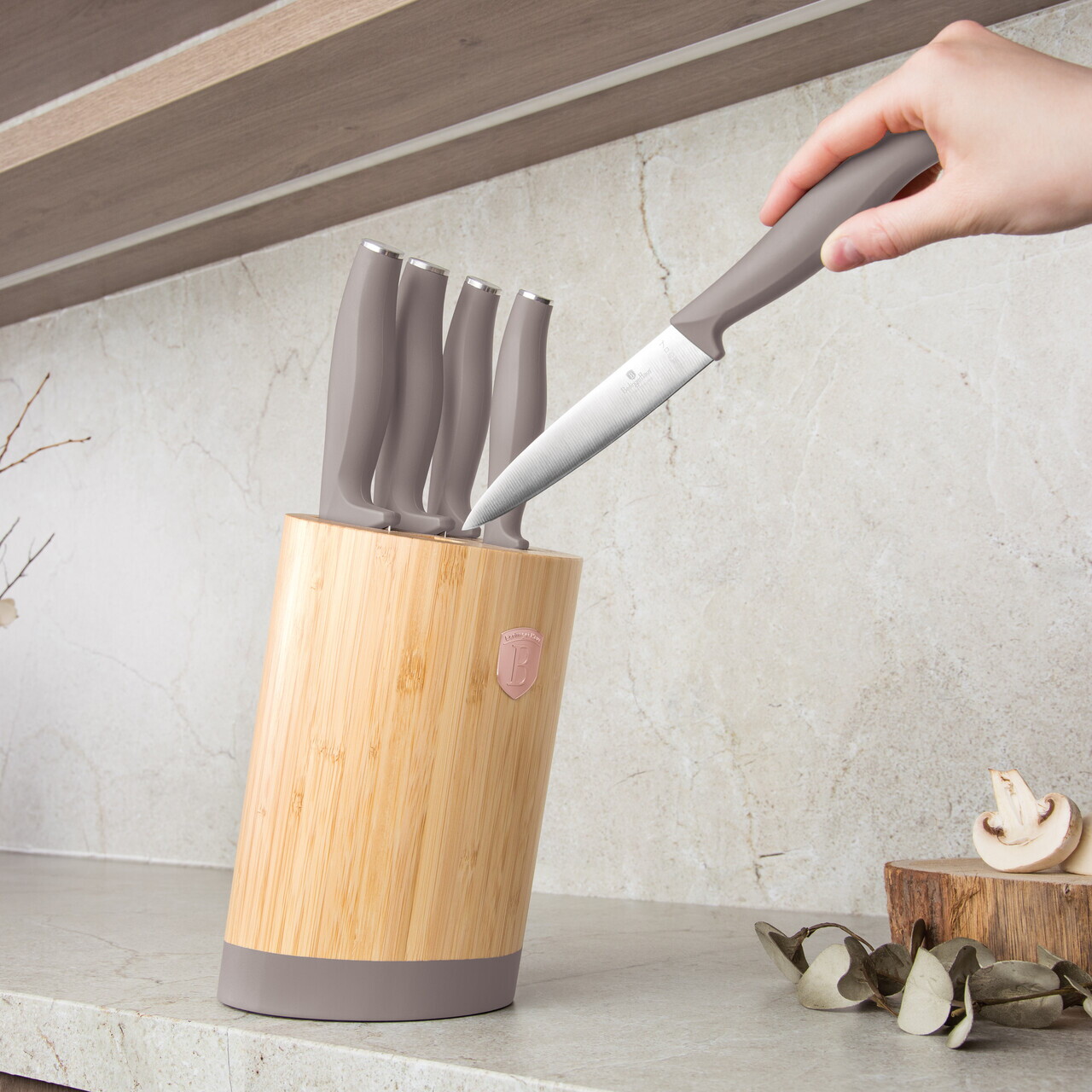 Set 5 cutite cu suport rotund Berlinger Haus, Taupe, inox/bambus, taupe mat/natur - imagine 7