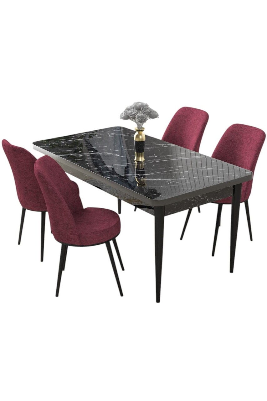 Set masă și scaune (5 bucăți), Hanah Home, Nil, Marmură neagră / Burgundia - view 2