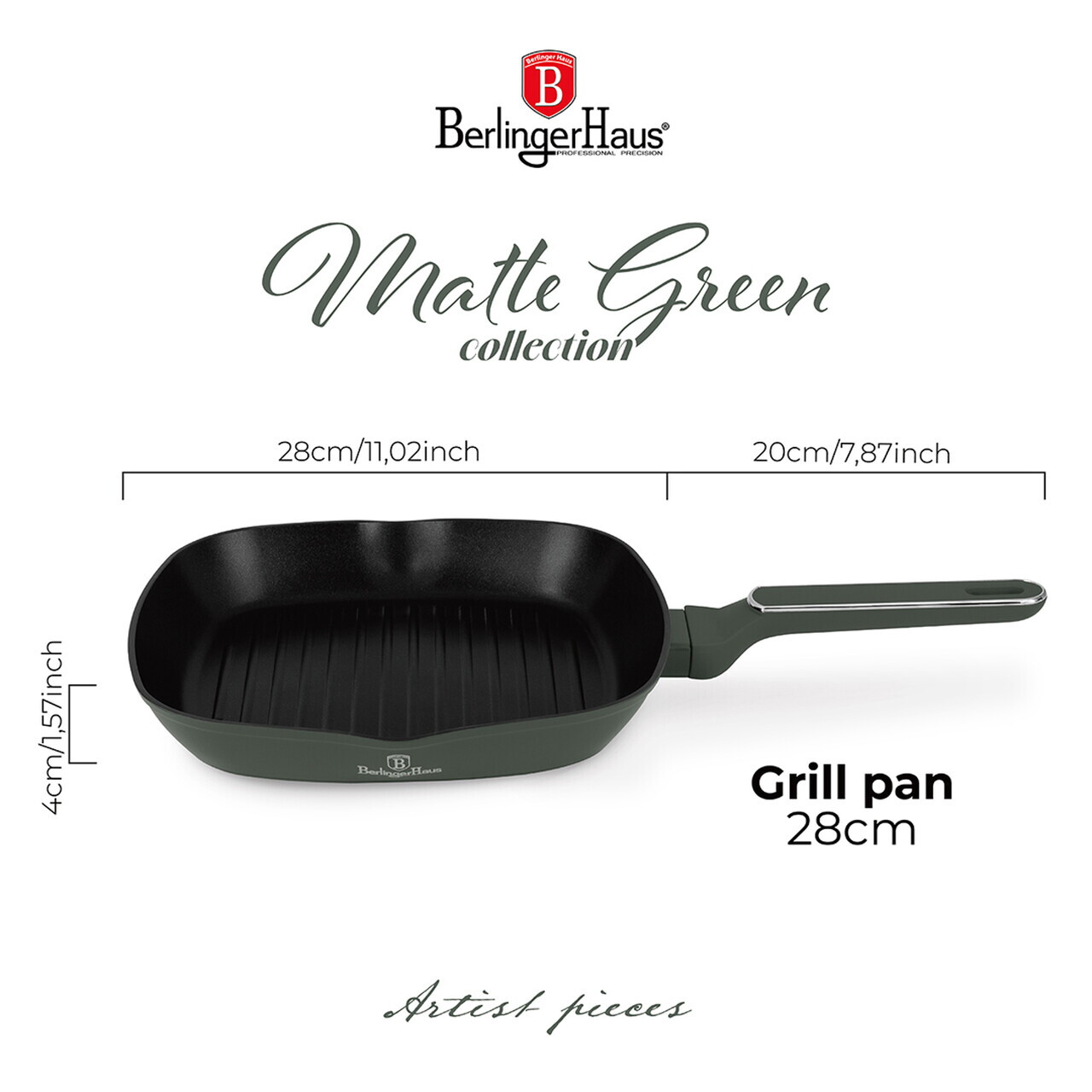 Tigaie grill Berlinger Haus, Matte Green, 28 cm, 2.1 L, aluminiu forjat, verde mat - imagine 11