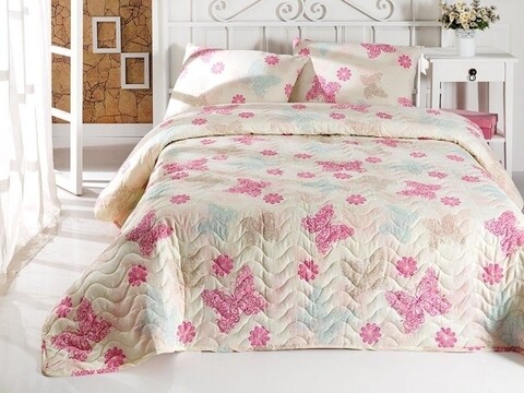 Set cuvertura de pat dubla matlasata, Eponj Home, Papillon Light Cream, 3 piese, 65% bumbac, 35% poliester, multicolor Eponj Home