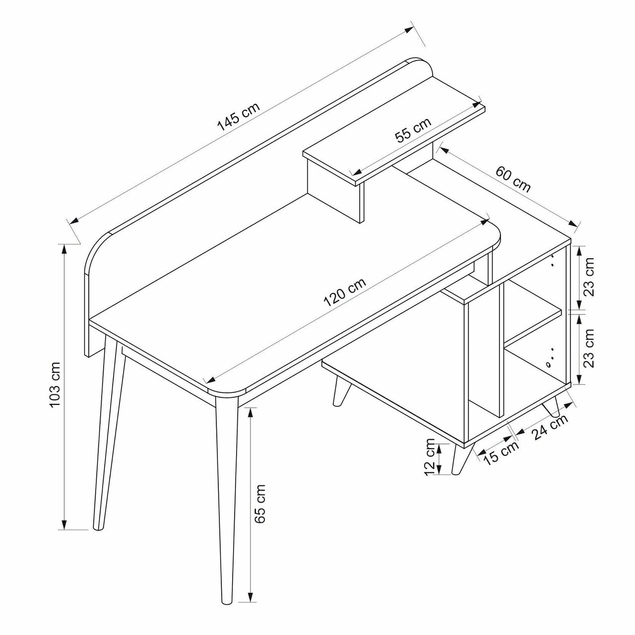 Birou, Hanah Home, Olirya, 145x103x60 cm, Coș adânc / Negru — imaginea 8