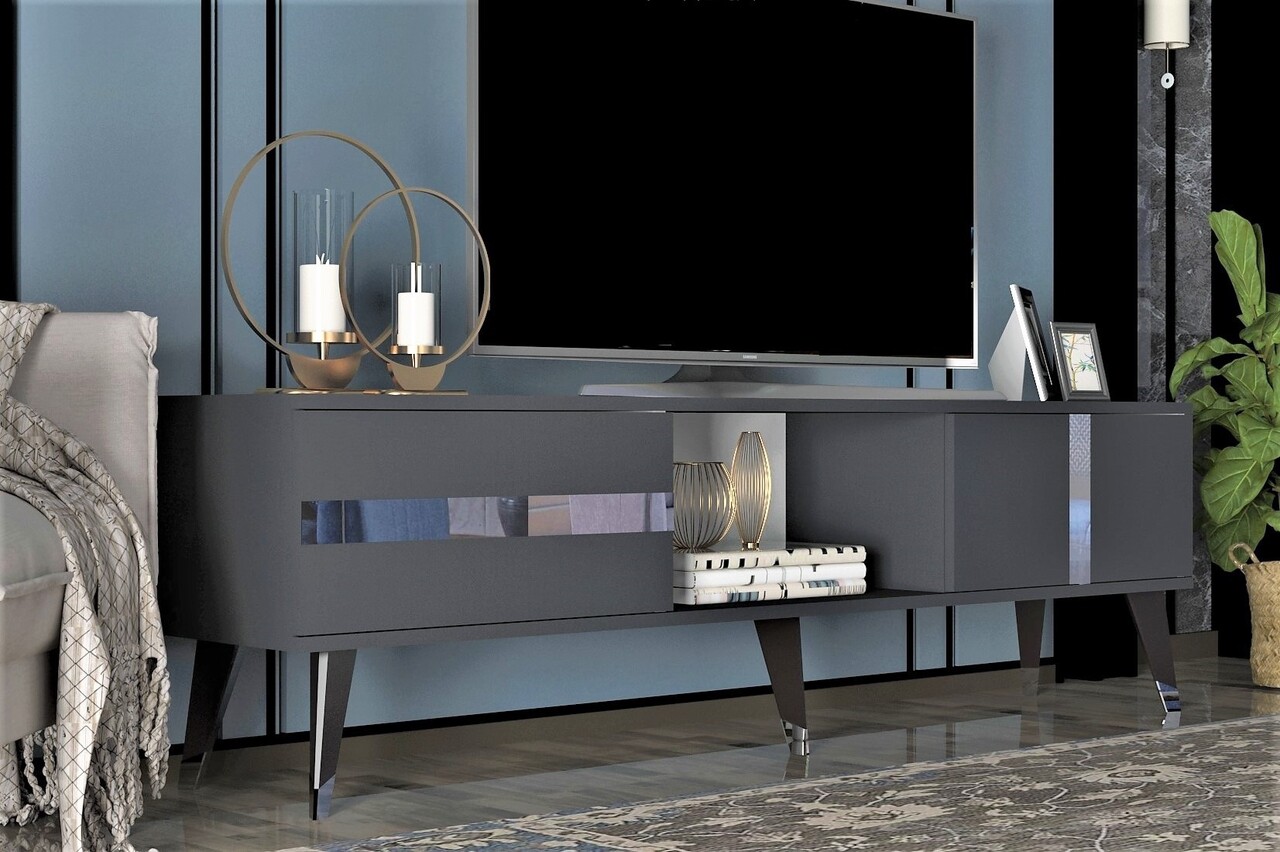 Comoda TV, Olivia, Vania, 150x29.6x50 cm, PAL , Antracit / Argintiu - 2 | YEO