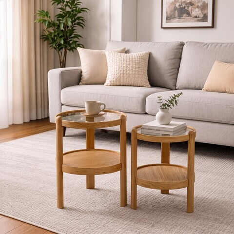 Set masute 2 piese, Hanah Home, Golf 2, LEMN MASIV DE STEJAR, Stejar