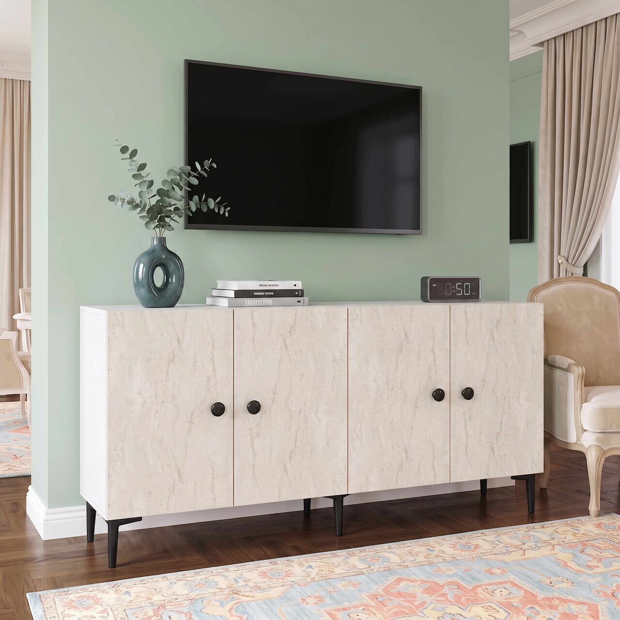 Consola, Hanah Home, Sherifa 180, 180x75x32 cm, Alb / Travertin