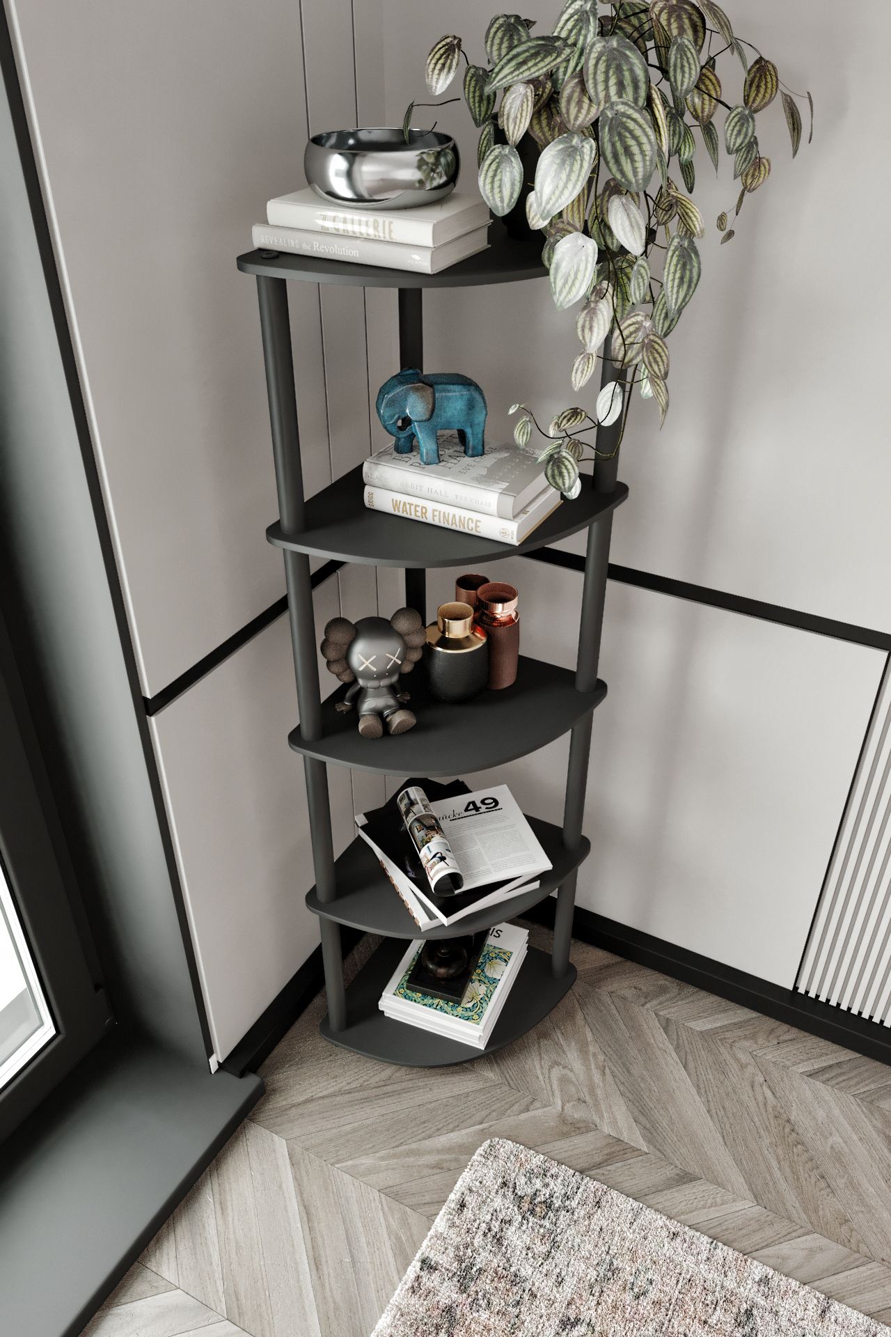 Corp biblioteca, Hanah Home, Bookcase 5 Corner, 34x139x34 cm, MDF , Negru