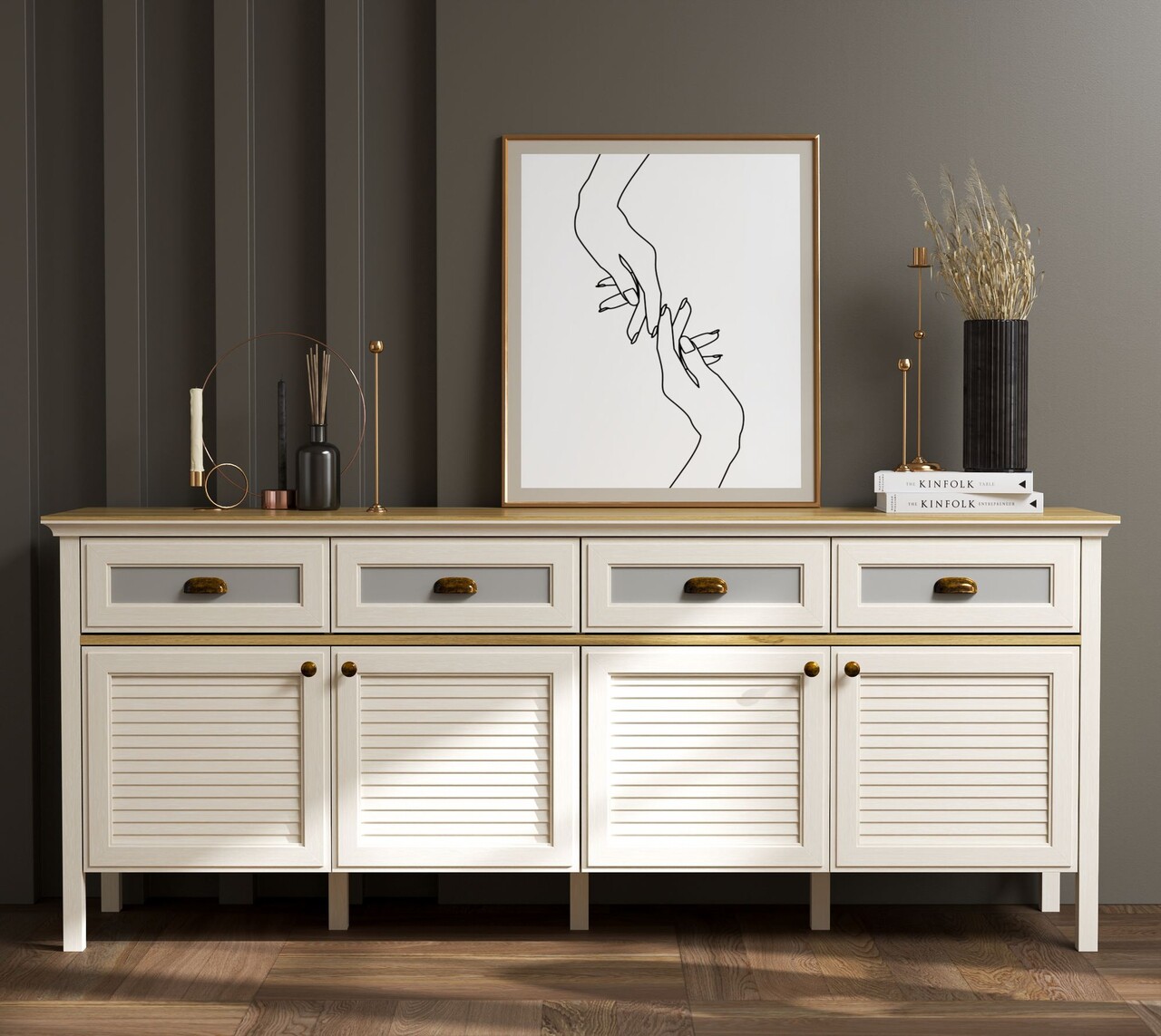 Consola, Hanah Home, FRN-21009, 200.4x82.1x44.2 cm, PAL, Crem / Stejar / Gri - view 2