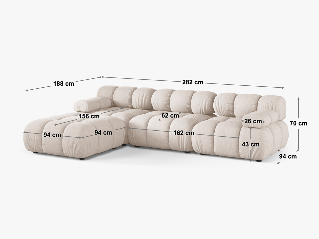 Canapea modulara 4 locuri, Bellis, Micadoni Home, BL, 282x188x70 cm, catifea, roz