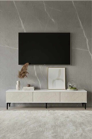 Comoda TV, Hanah Home, Didema 180, 180x40.5x30 cm, Alb / Travertin