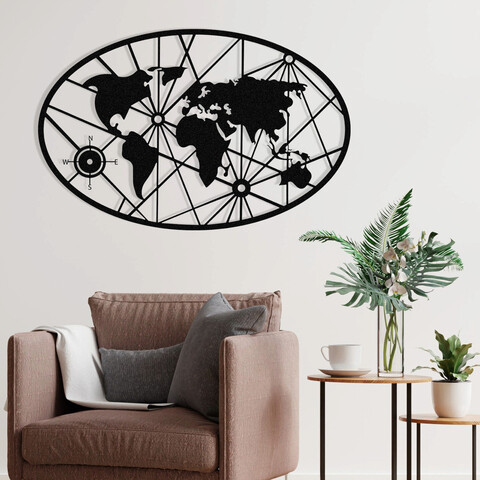 Decoratiune de perete, World Map Mediun, Metal, 100 x 64 cm, Negru Enzo