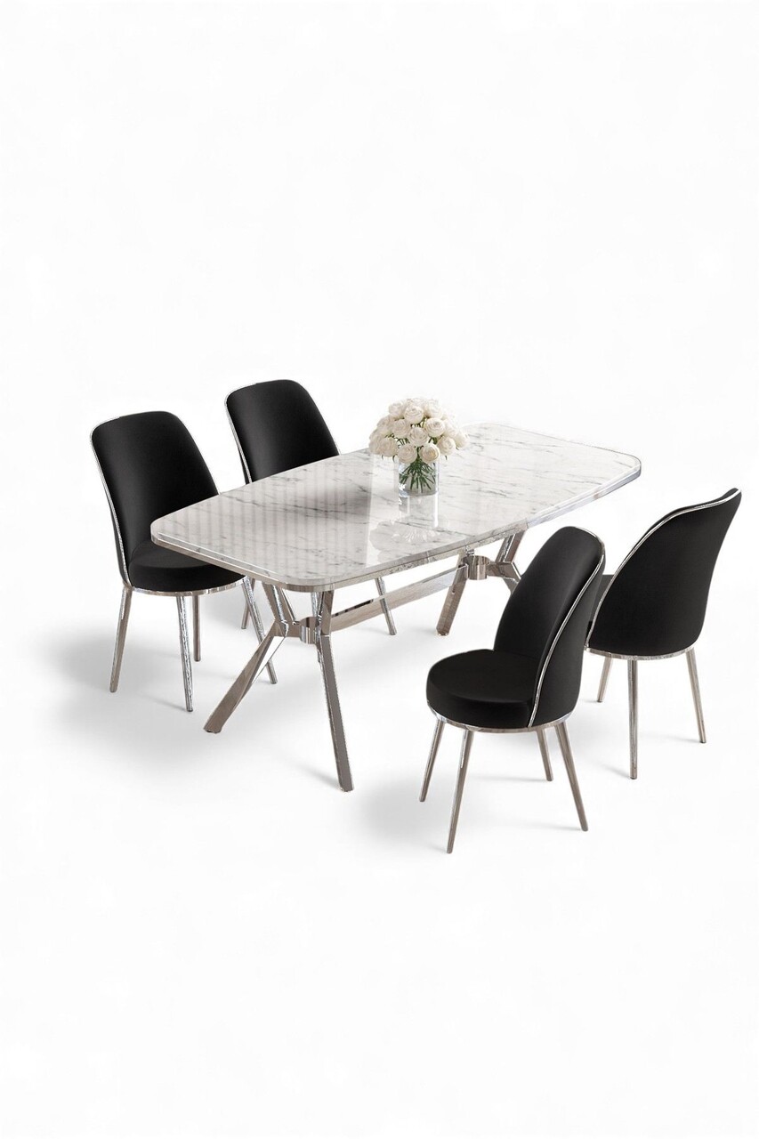 Set masă și scaune (5 bucăți), Hanah Home, Lena, MARMURĂ ALBĂ CROM / NEGRU - view 2
