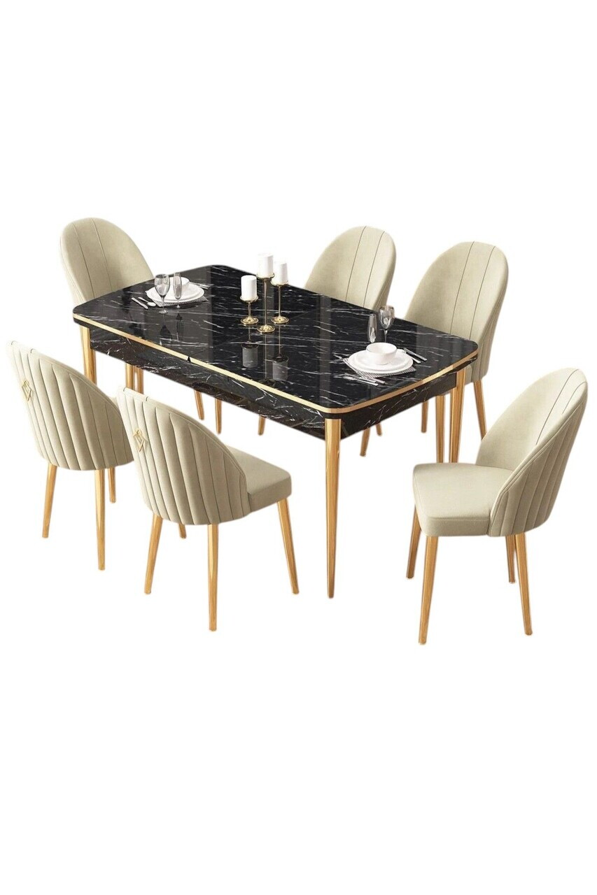 Set masa extensibila si scaune (7 piese), Hanah Home, Edaf, Model de marmură neagră / Auriu / Crem — imaginea 2