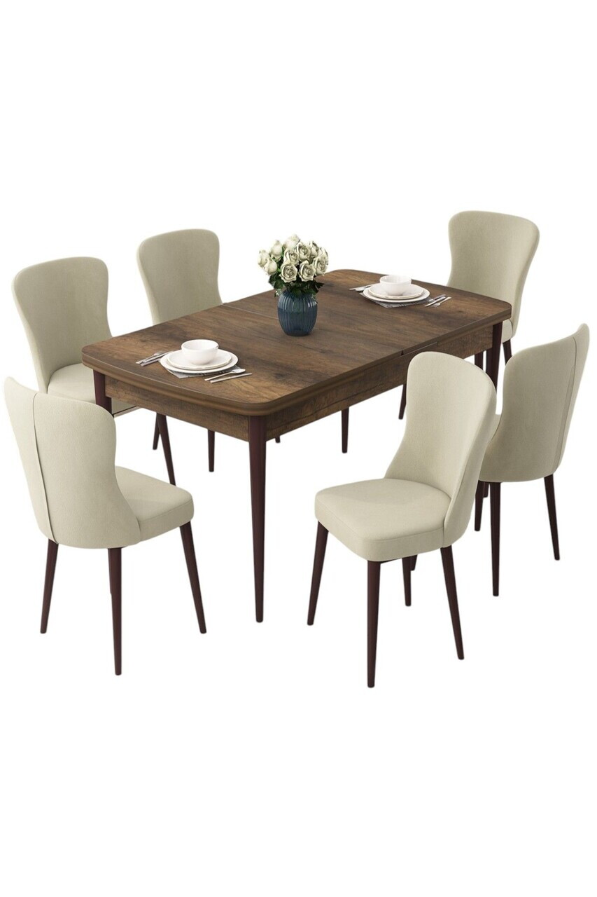 Set masa extensibila si scaune (7 piese), Hanah Home, Due, Model baroc din lemn / Crem — imaginea 2