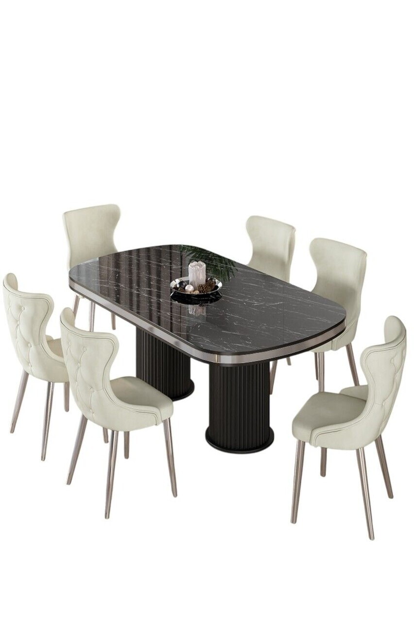 Set masa si scaune (7 piese), Hanah Home, Galya, Model de marmură neagră / Crom / Crem — imaginea 2