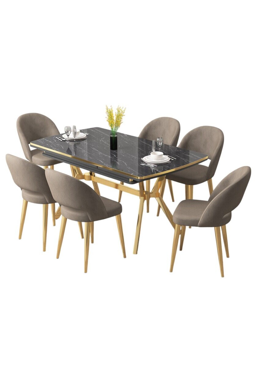 Set masa extensibila si scaune (7 piese), Hanah Home, Weps, Model de marmură neagră / Auriu / Cappuccino — imaginea 2