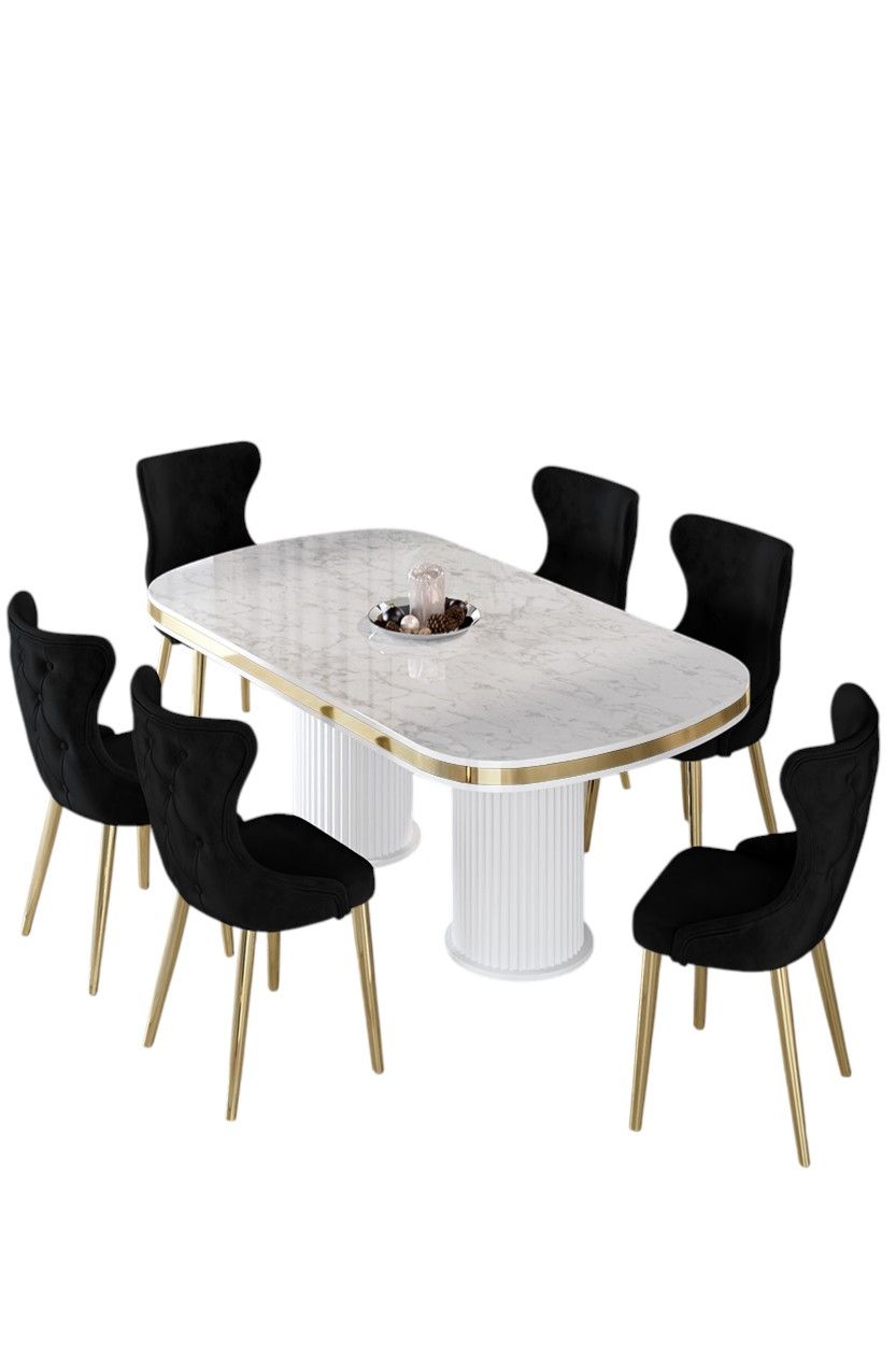 Set masa si scaune (7 piese), Hanah Home, Galya, Model de marmură albă / Auriu / Negru