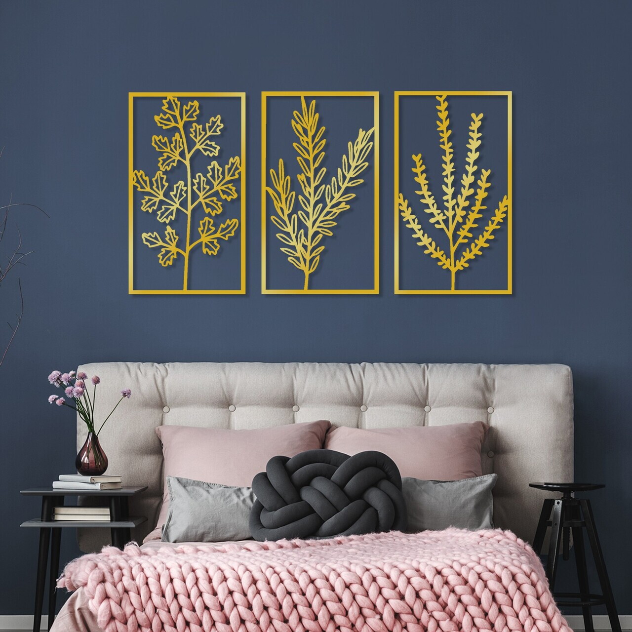 Decoratiune de perete, Golden Triple Flowers 4, 40 x 70 cm, 3 piese, Auriu — imaginea 3