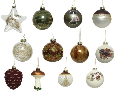 Set 12 globuri asortate Forest, Decoris, sticla, multicolor