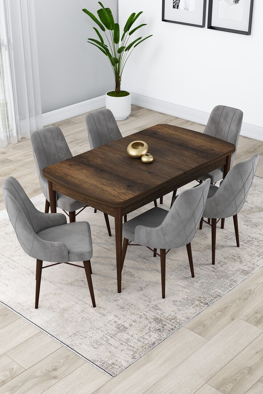 Set masa extensibila si scaune (7 piese), Hanah Home, Lia, Model baroc din lemn / Gri
