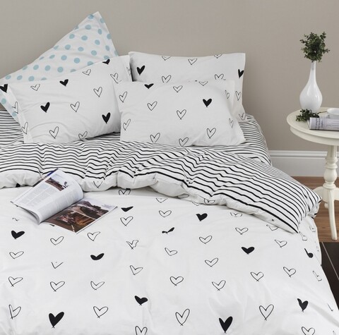 Lenjerie de pat dubla King Size, EnLora Home, Eveline White, 4 piese, 100% bumbac ranforce, alb/negru EnLora Home