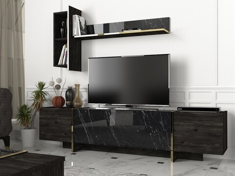Comoda TV cu raft de perete Veyron, Talon, 180 x 45 cm/121.6 x 45 cm, negru/auriu 180