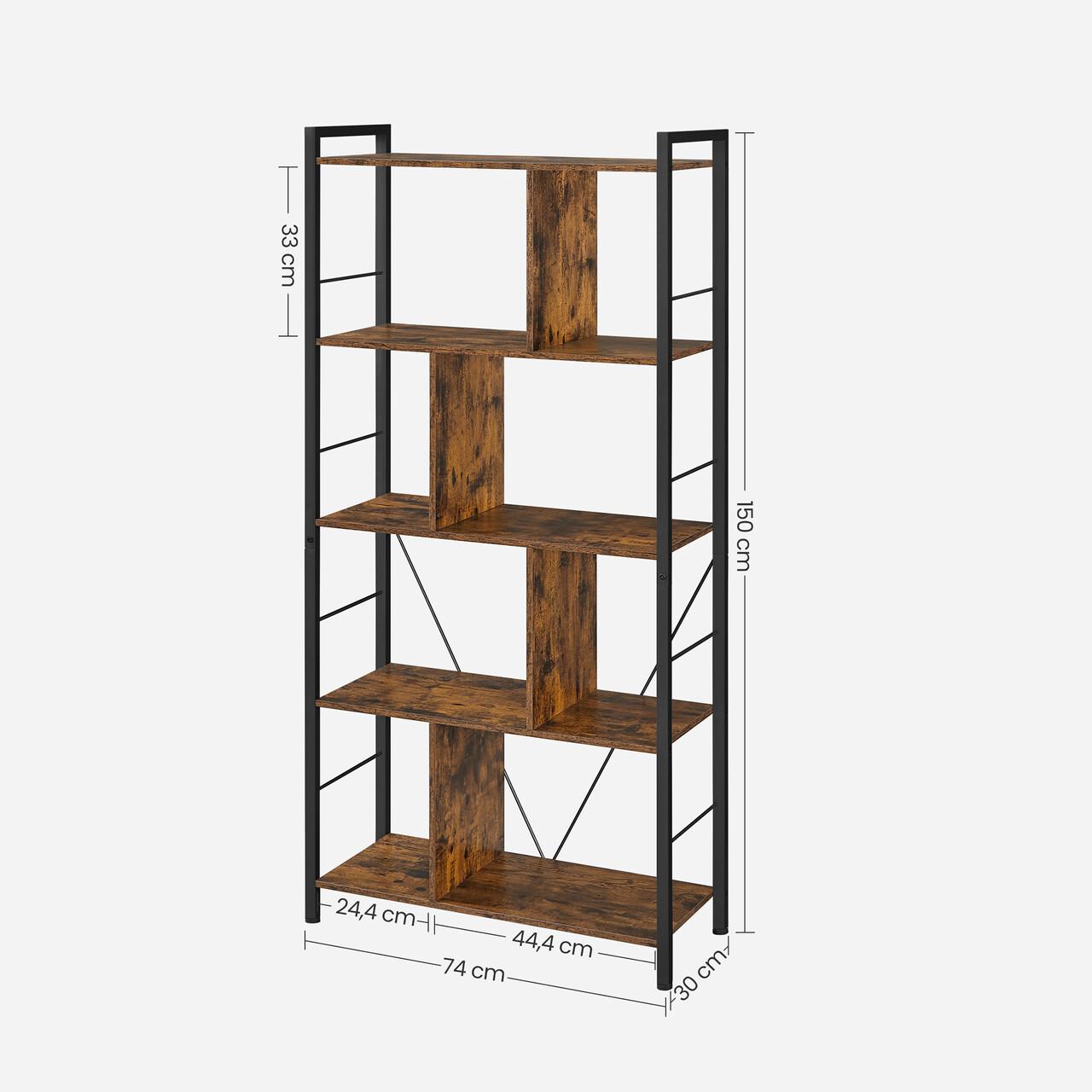 Biblioteca cu 5 rafturi, Vasagle, Industrial Living, 74x30x150 cm. PAL/otel, maro - 2 | YEO