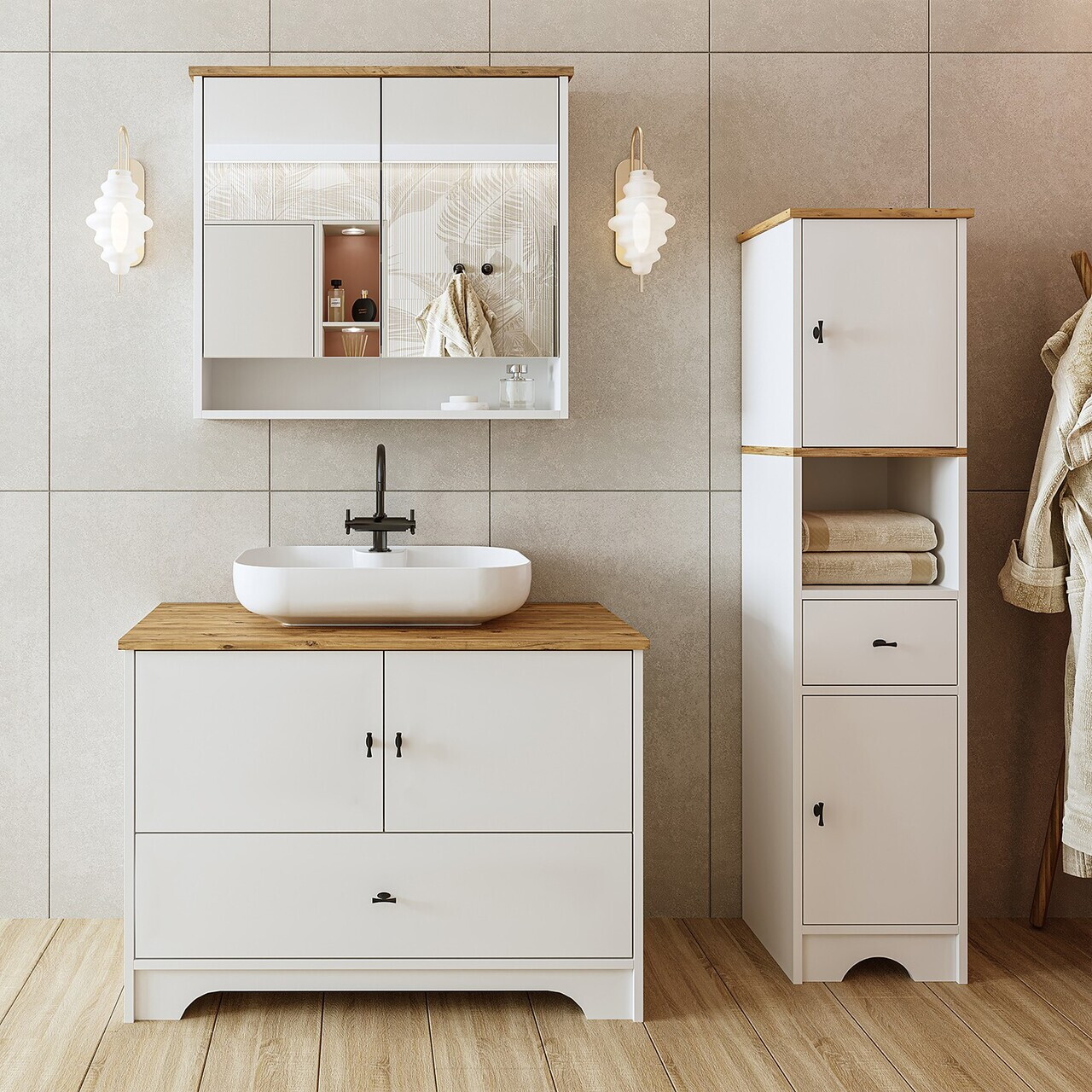 Set Dulap de Baie cu Chiuvetă și Oglindă (3 Piese), Hanah Home, 2397, MDF-LAM, Alb mat — imaginea 2