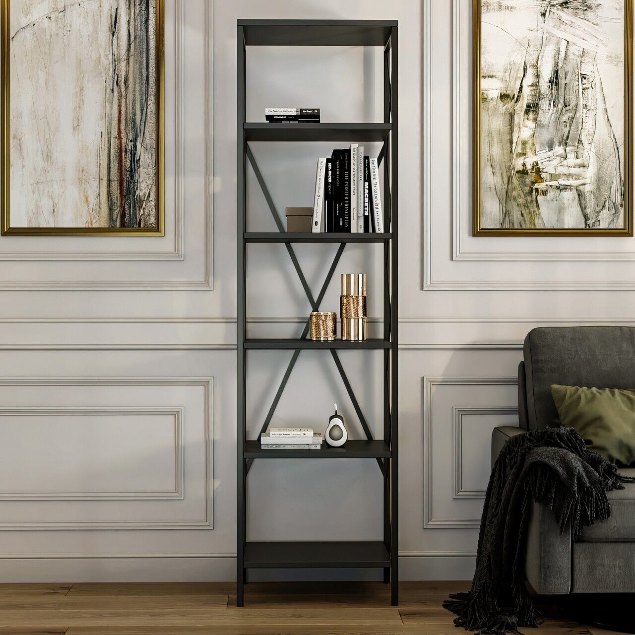 Corp biblioteca, Kalune Design, Suadiye, 50x180x30 cm, PAL, Antracit / Negru - 1 | YEO