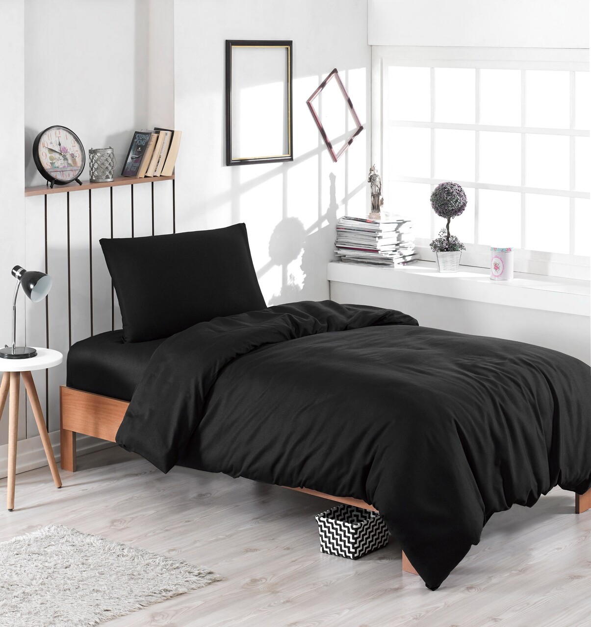Lenjerie de pat pentru o persoana, Düzboya - Black, Eponj Home, 65% bumbac/35% poliester