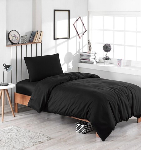 Lenjerie de pat pentru o persoana, Düzboya - Black, Eponj Home, 65% bumbac/35% poliester