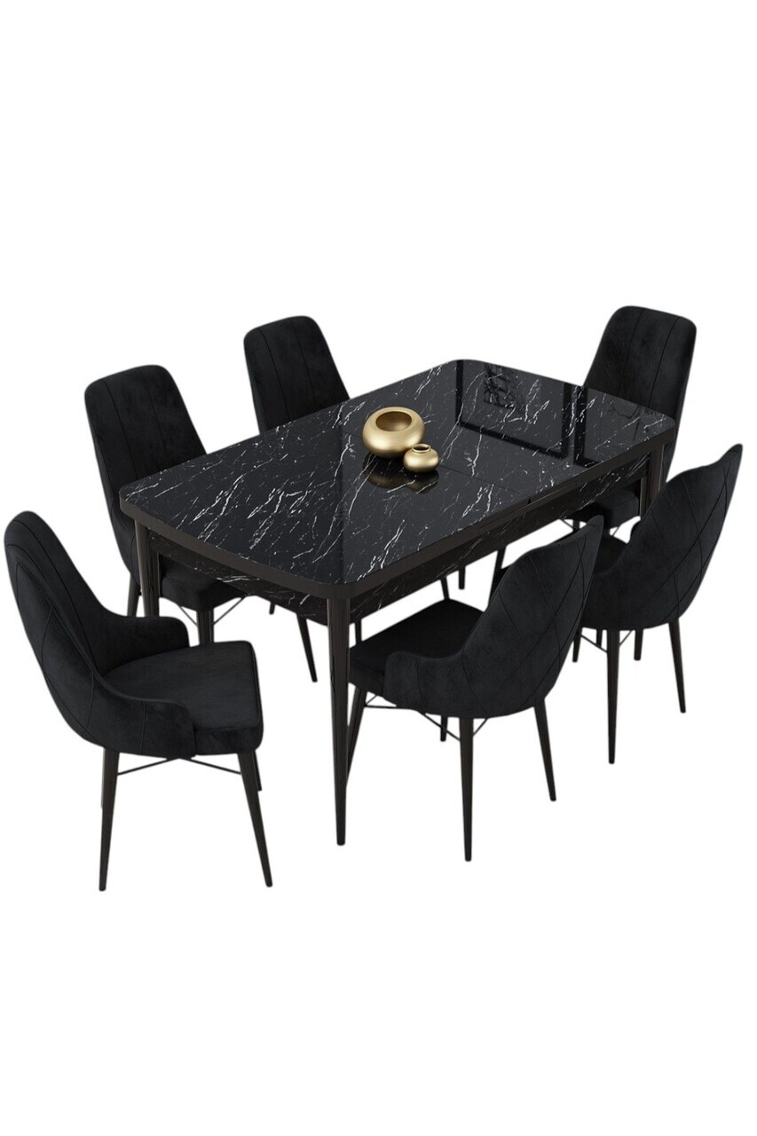 Set masa extensibila si scaune (7 piese), Hanah Home, Lia, Model de marmură neagră / Negru — imaginea 2