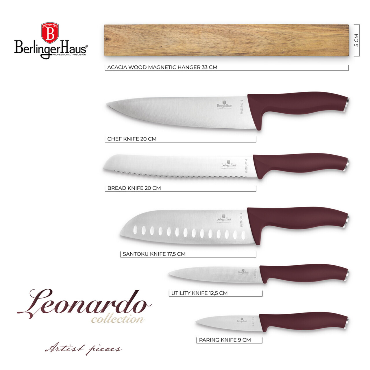Set 5 cutite cu suport magnetic Berlinger Haus, Leonardo, inox/lemn, visiniu mat/natur - imagine 9