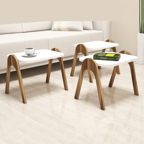Set 3 masute pentru living Paris, Hommy Craft, 48.6×35.5×42 cm, alb/maro 48.6x35.5x42