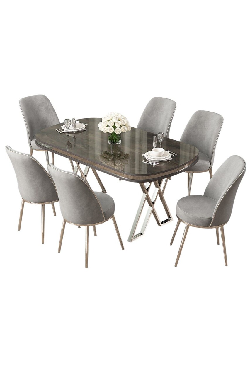 Set masă și scaune (7 piese), Hanah Home, Lai, Antracit / Crom / Gri - imagine 2