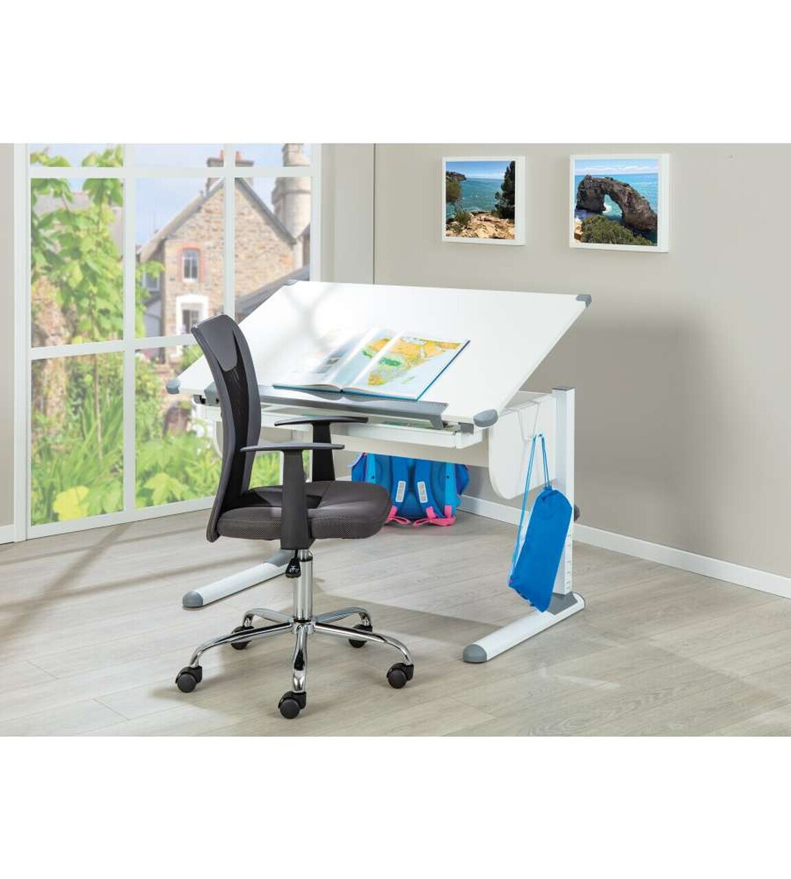 Birou pentru copii reglabil pe inaltime Studare, Inter Link, 110x68x55-78 cm, MDF, alb/gri - view 6