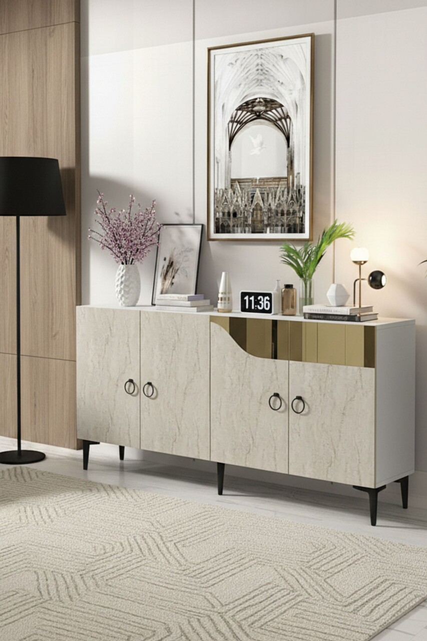 Consola, Hanah Home, Gama 150, 150x75x32 cm, PAL , White / Travertine / Gold - view 2