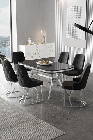 Set masa si scaune (7 piese), Hanah Home, Epal, Sonata / Crom / Negru