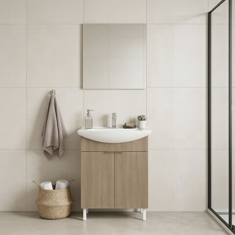 Set Dulap de Baie cu Chiuvetă și Oglindă (2 Piese), Hanah Home, Purus 65, Stejar