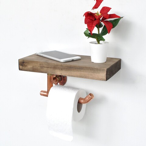 Suport pentru hartie igienica cu raft, Evila Originals, 30x14x15 cm, lemn de molid, maro Accesorii baie & seturi de baie
