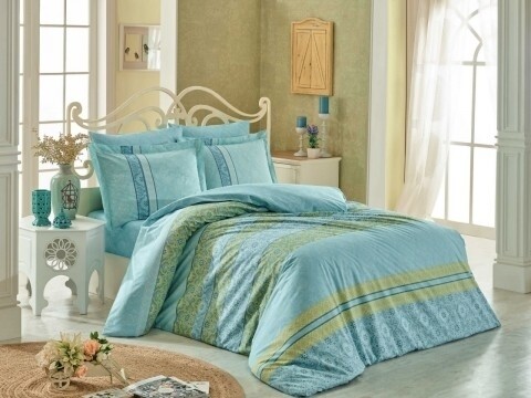 Lenjerie de pat dubla, 4 piese, 100% bumbac poplin, Hobby, Emma, turcoaz