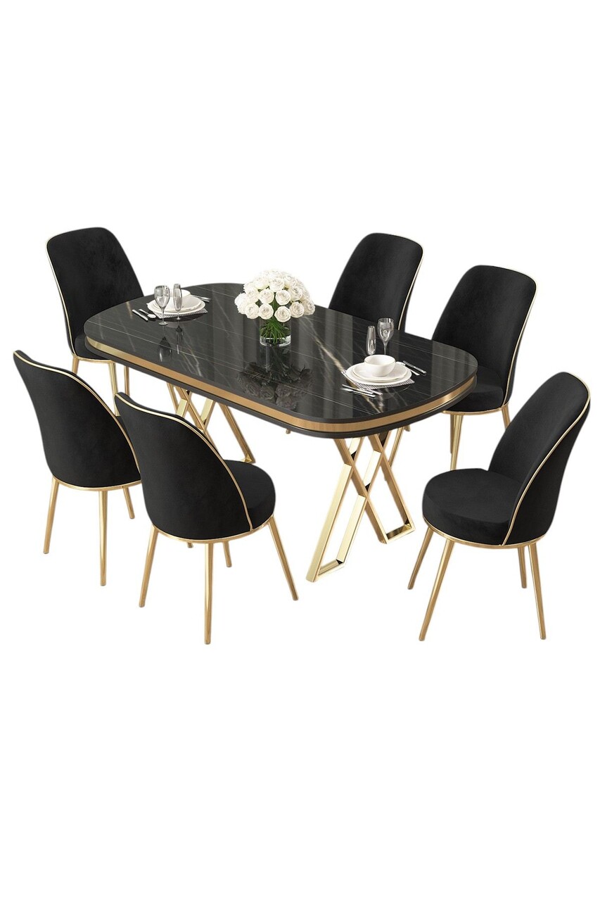 Set masă și scaune (7 piese), Hanah Home, Lai, Marmură neagră / Auriu / Negru - imagine 2