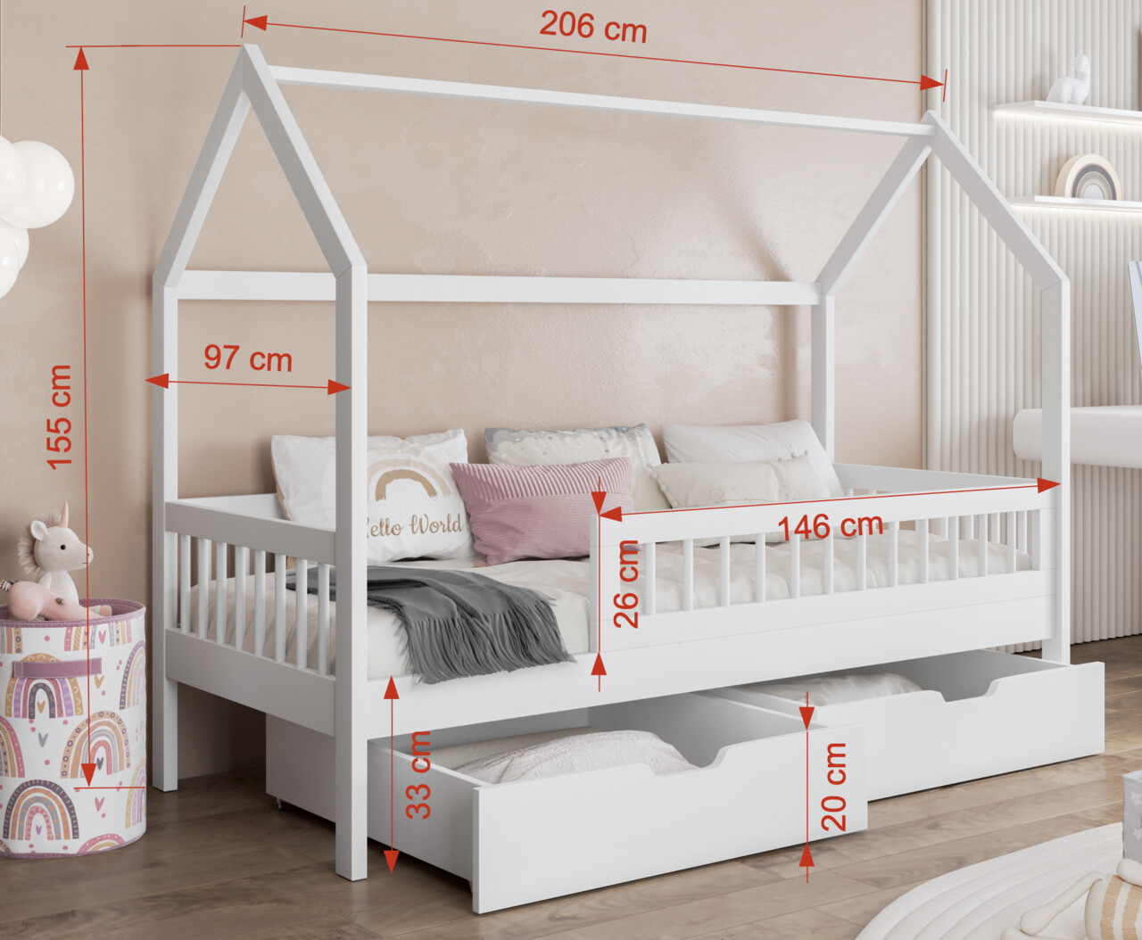 Pat pentru camera copilului Gaja, Meblobed, 90x200 cm, cu doua sertare, lemn de pin, gri